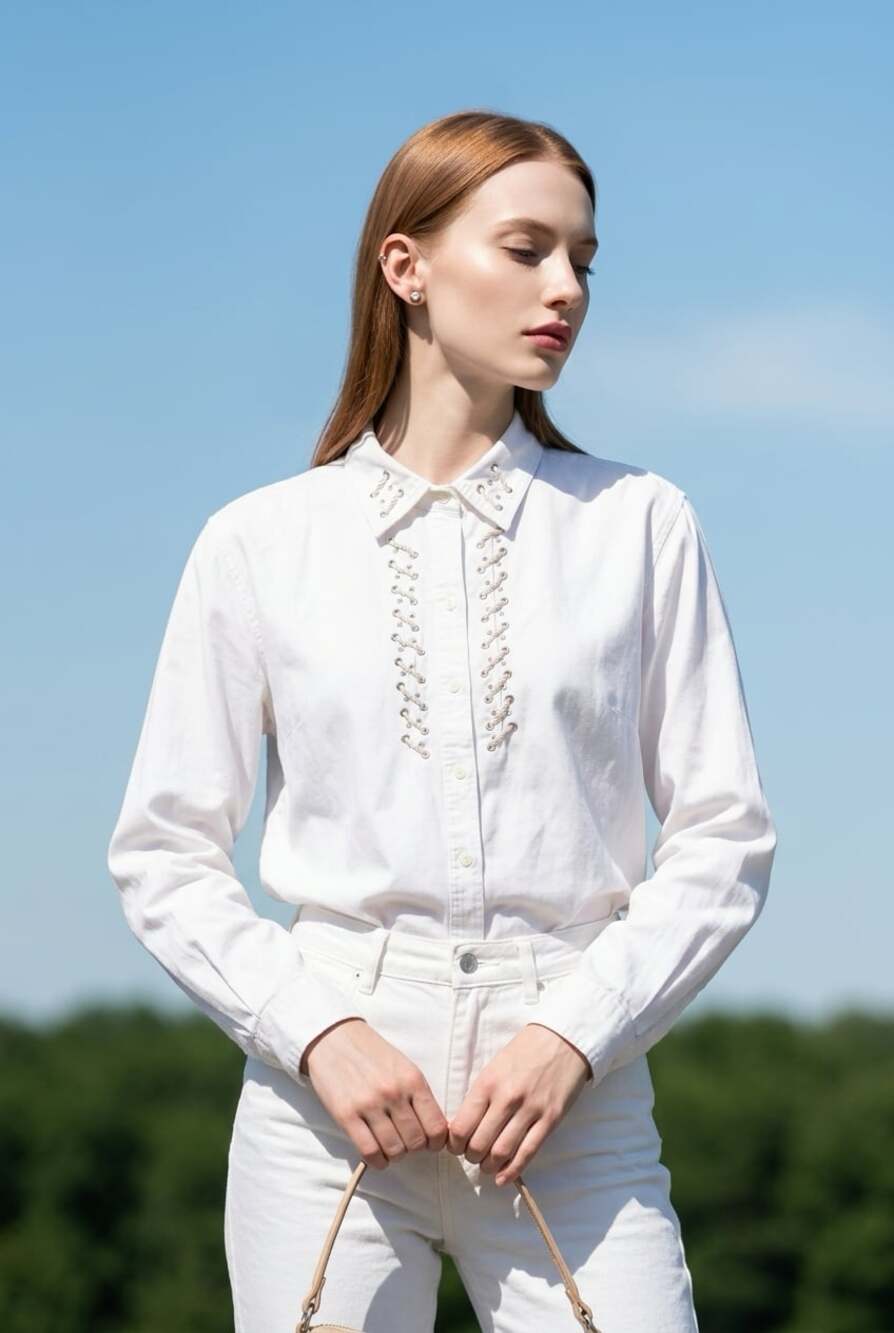 R&K Originals White Cotton Lace-Up Rhinestone Button Down Shirt Size XL